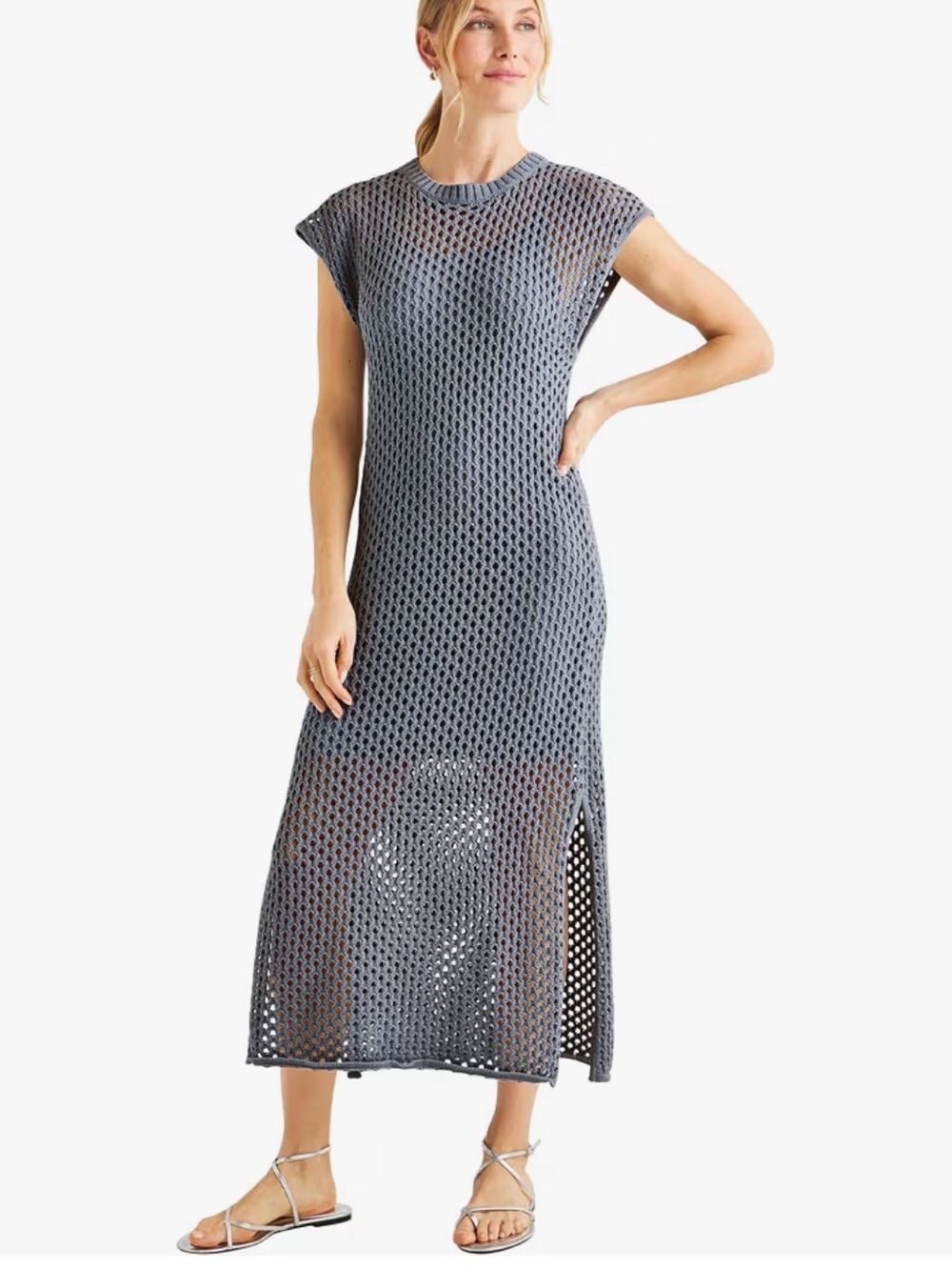 Splendid Nova Pointelle Open Knit Maxi Dress Blue Gray Resort Size Small